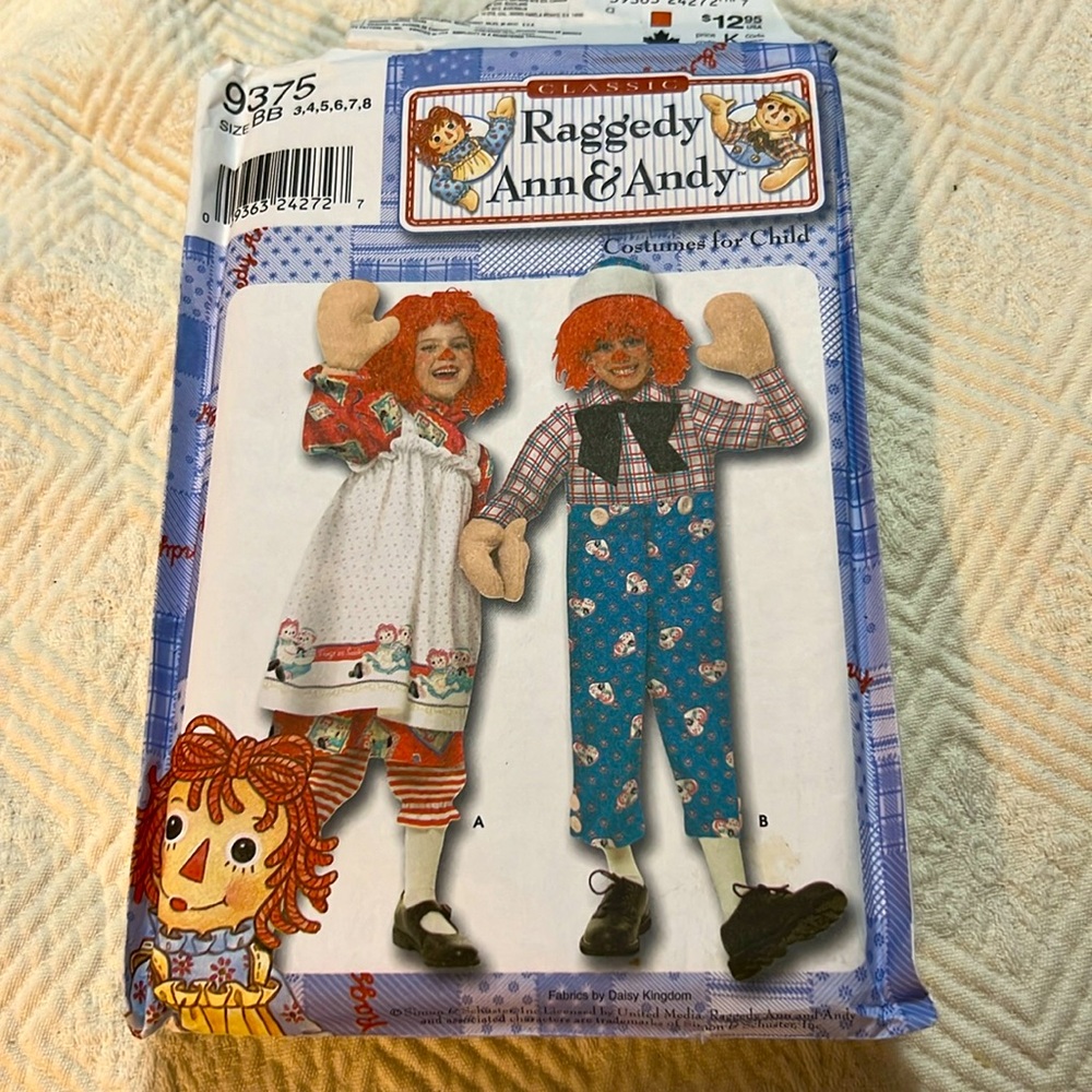 Simplicity 9375 Raggedy Anne & Andy Toddler Costume Uncut 2000 Size BB 3 to 8